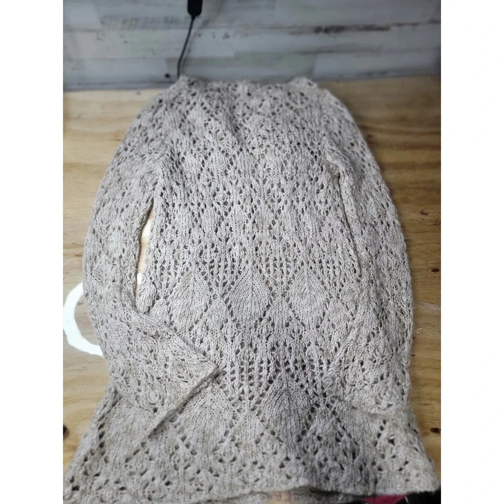 ♡Free People Womens Beige Pointelle Knit Hooded Cardigan Long Sweater XS